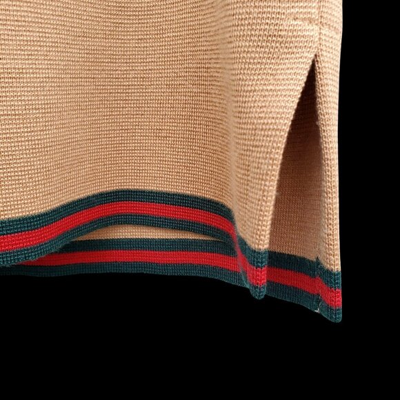 Vintage 60s 70s Wool Double-Knit Camel Skirt M Red Green Trim Pink Lining - Picture 7 of 11